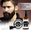 Beard care products including oil and balm with a man with a beard on a brown background.