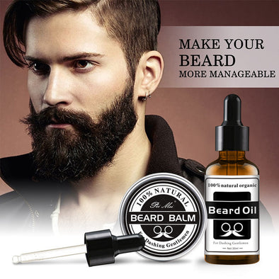 Beard care products including oil and balm with a man with a beard on a brown background.