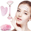 Facial roller, gua sha tool, and pink stone with a woman applying them to her face.