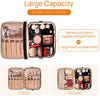 Makeup organizer with double layers, showing interior compartments and cosmetic items.