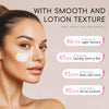 Woman with sunscreen on her face and text highlighting product features on a beige background
